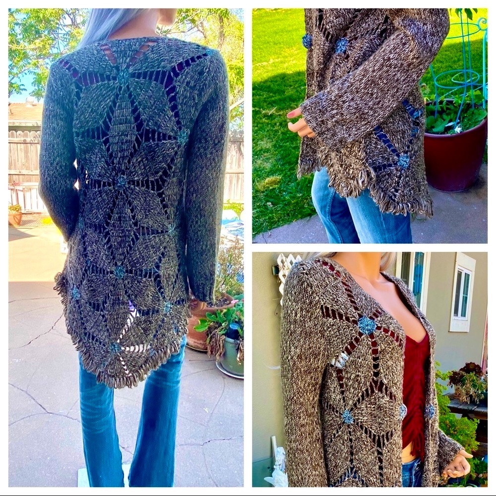 XS-M BoHo Chic Crochet Scallop Fringe Cardigan Duster Sweater - Picture 14 of 16